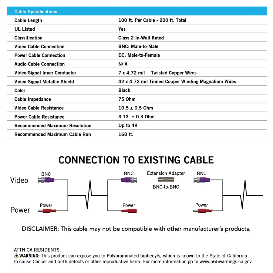 100 ft In-Wall Rated BNC Video-Power Extension Cable with Extension Adapter - Image 5